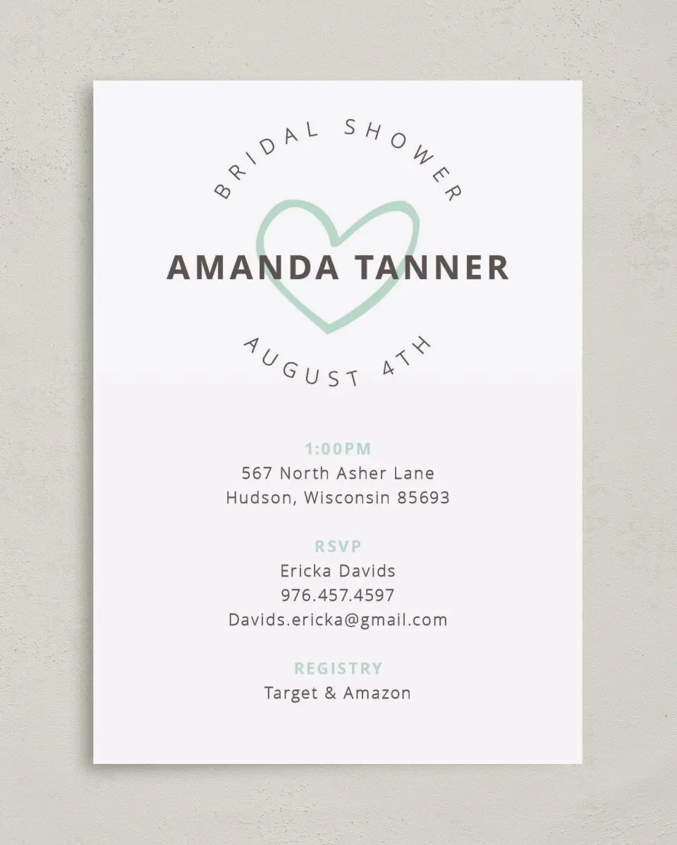 This is a 5" x 7" Bridal Shower Invitation called Happy Hearts printed in full color with Silver foil on Luxe Satin (coated) paper