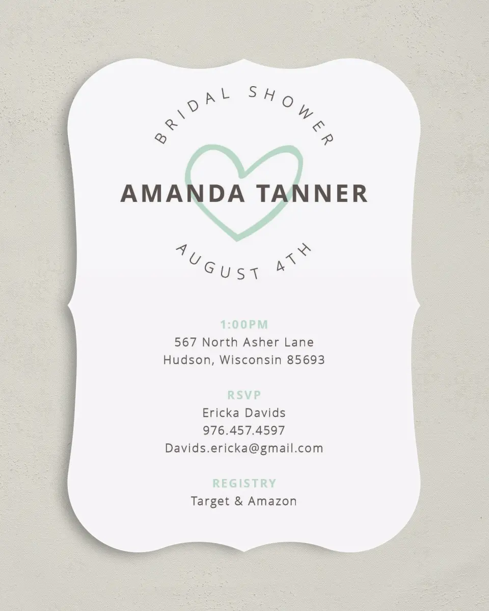 This is a 5" x 7" Bridal Shower Invitation called Happy Hearts printed in full color on Premium Smooth paper