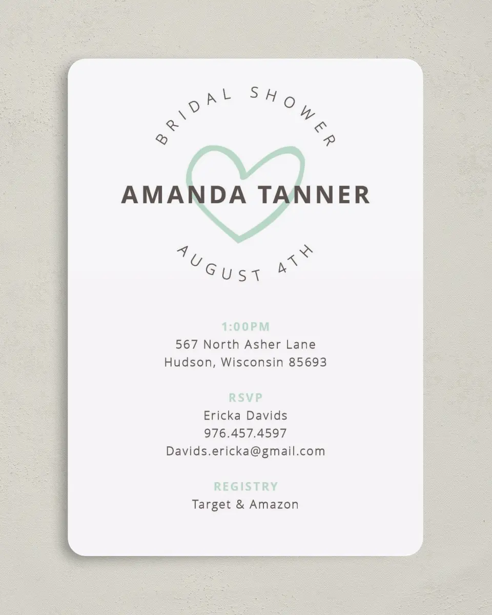 This is a 5" x 7" Bridal Shower Invitation called Happy Hearts printed in full color on Premium Smooth paper