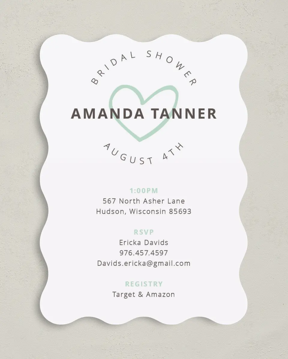 This is a 5" x 7" Bridal Shower Invitation called Happy Hearts printed in full color with Rose Gold foil on Luxe Satin (coated) paper