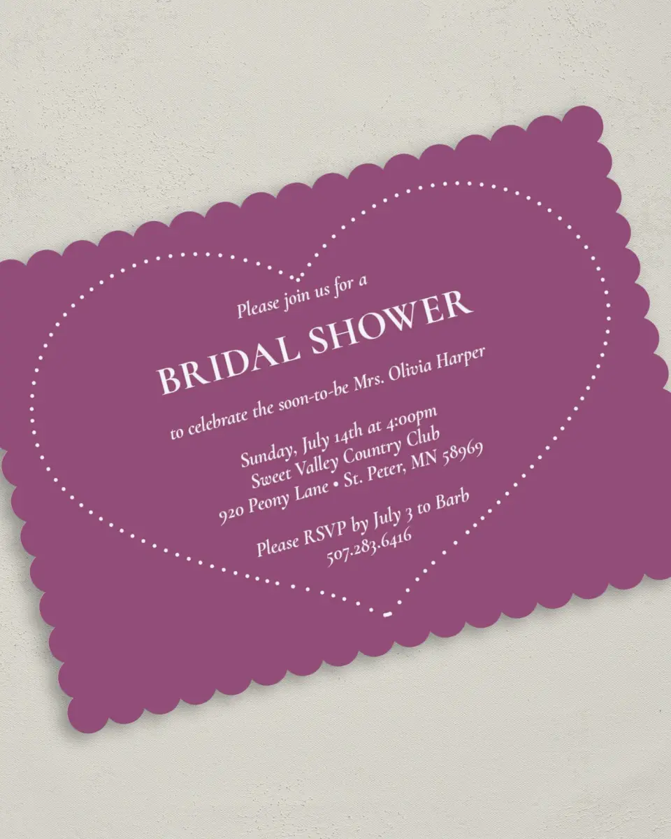 This is a 5" x 7" Bridal Shower Invitation called Hearts for Her printed in full color with Silver foil on Luxe Satin (coated) paper