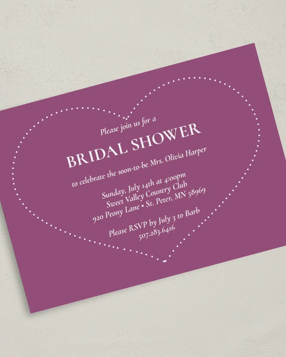This is a 5" x 7" Bridal Shower Invitation called Hearts for Her printed in full color with Silver foil on Luxe Satin (coated) paper