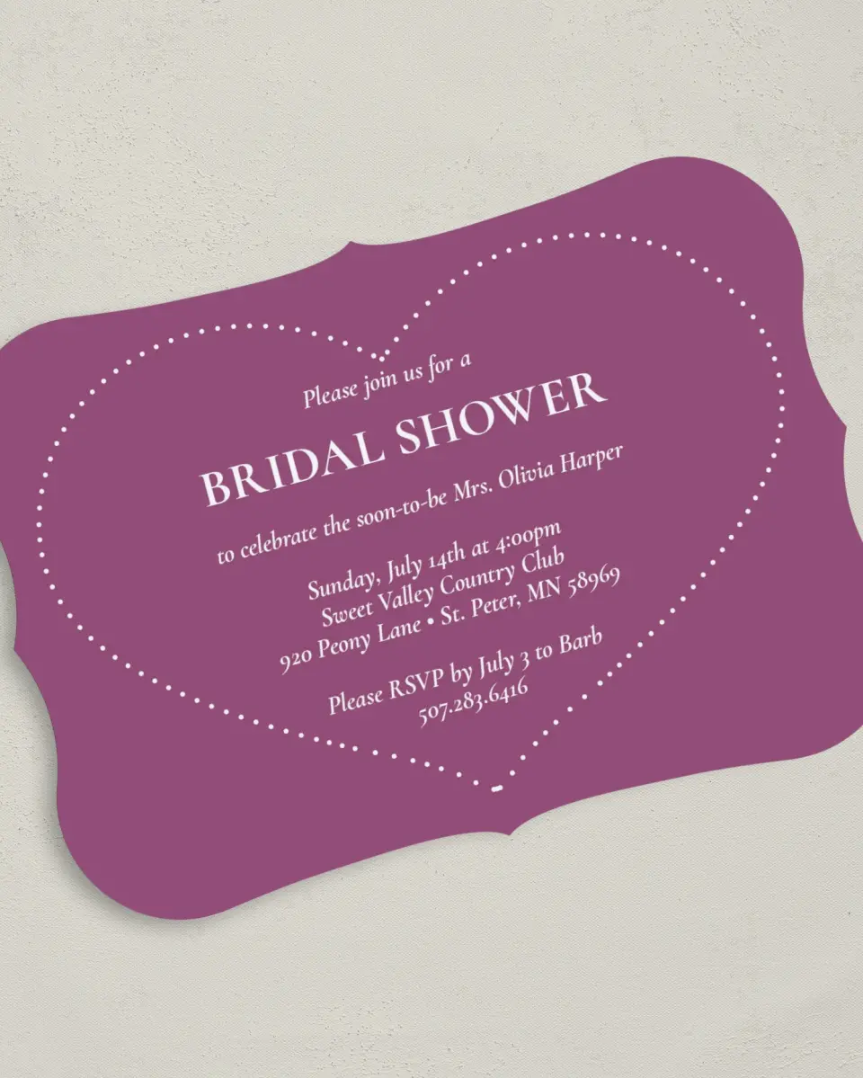 This is a 5" x 7" Bridal Shower Invitation called Hearts for Her printed in full color on Premium Smooth paper
