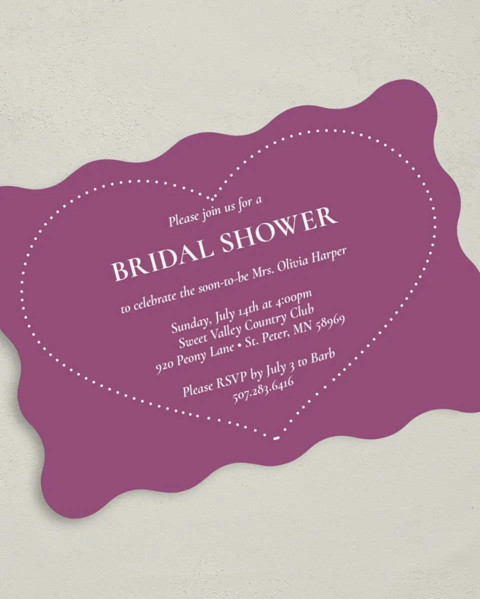 This is a 5" x 7" Bridal Shower Invitation called Hearts for Her printed in full color with Gold foil on Luxe Satin (coated) paper