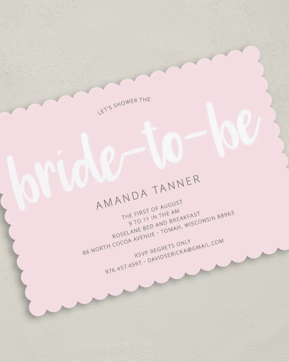 This is a 5" x 7" Bridal Shower Invitation called Bride-To-Be Beauty printed in full color with Silver foil on Luxe Satin (coated) paper