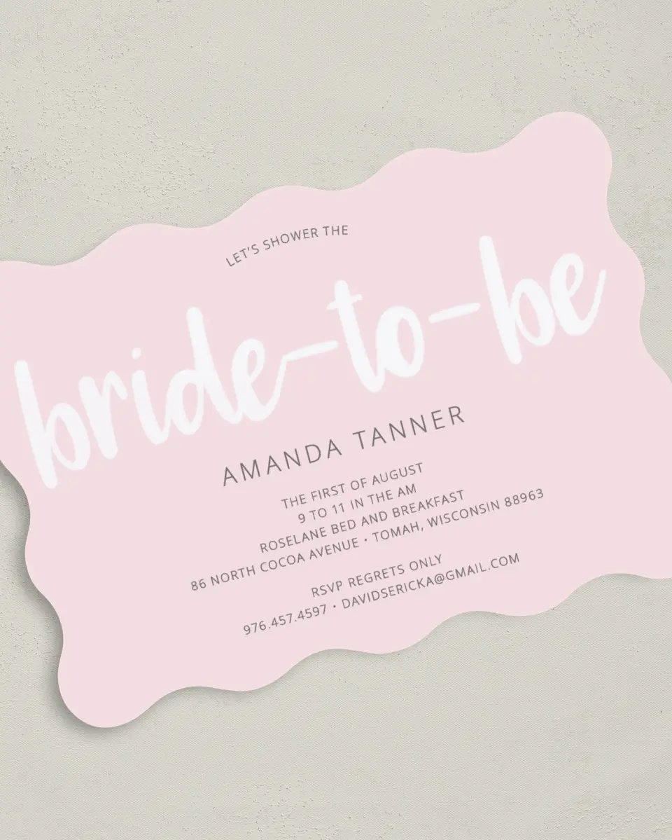 This is a 5" x 7" Bridal Shower Invitation called Bride-To-Be Beauty printed in full color with Silver foil on Luxe Satin (coated) paper