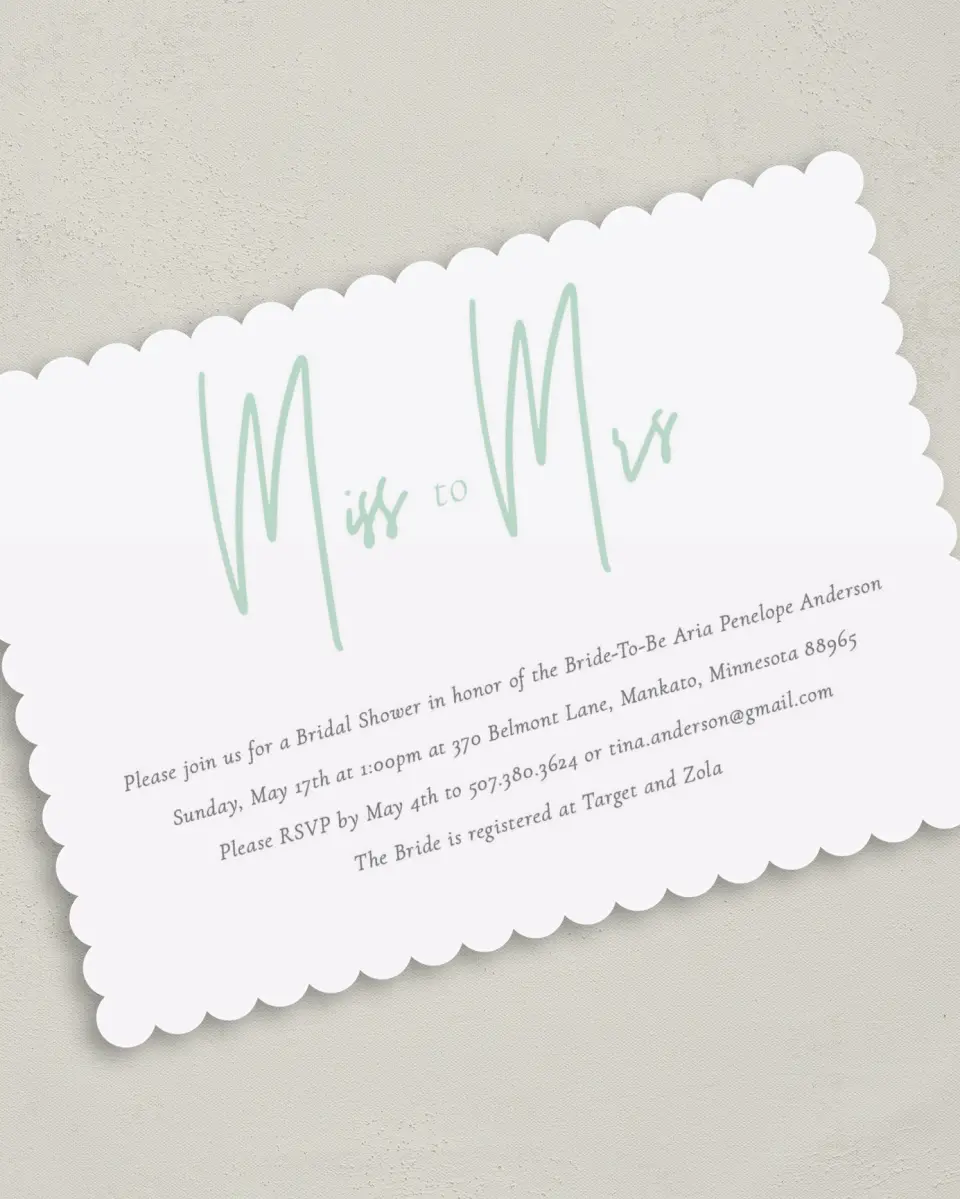 This is a 5" x 7" Bridal Shower Invitation called Miss to Mrs printed in full color with Silver foil on Luxe Satin (coated) paper