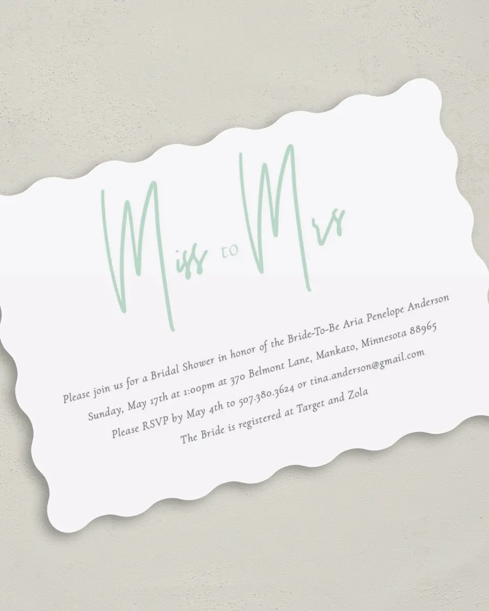 This is a 5" x 7" Bridal Shower Invitation called Miss to Mrs printed in full color on Premium Smooth paper