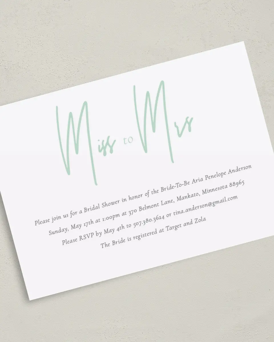 This is a 5" x 7" Bridal Shower Invitation called Miss to Mrs printed in full color on Premium Smooth paper