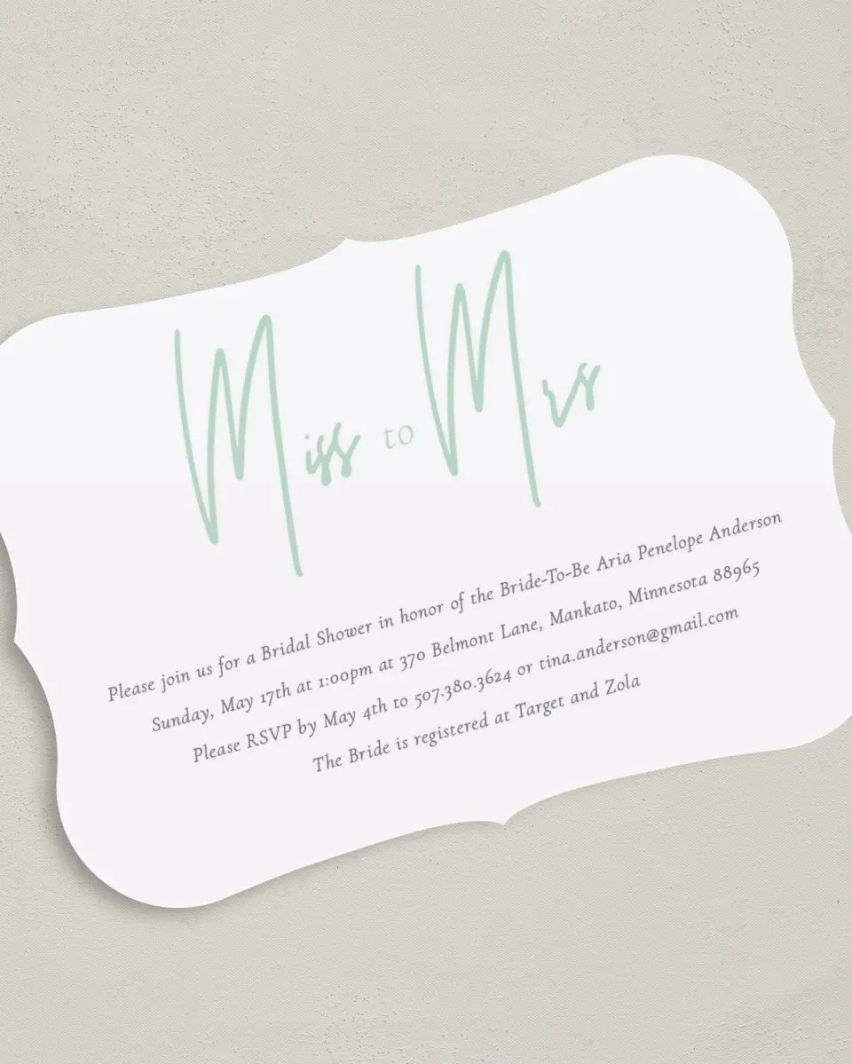 This is a 5" x 7" Bridal Shower Invitation called Miss to Mrs printed in full color on Premium Smooth paper