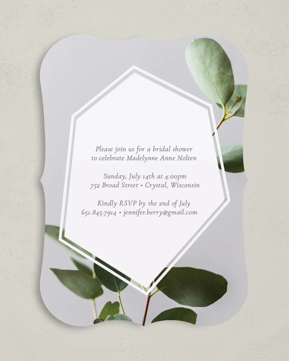 This is a 5" x 7" Bridal Shower Invitation called Shower Sprigs printed in full color with Gold foil on Luxe Satin (coated) paper