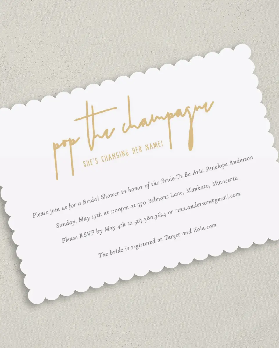 This is a 5" x 7" Bridal Shower Invitation called Champagne Bubbles printed in full color with Silver foil on Luxe Satin (coated) paper