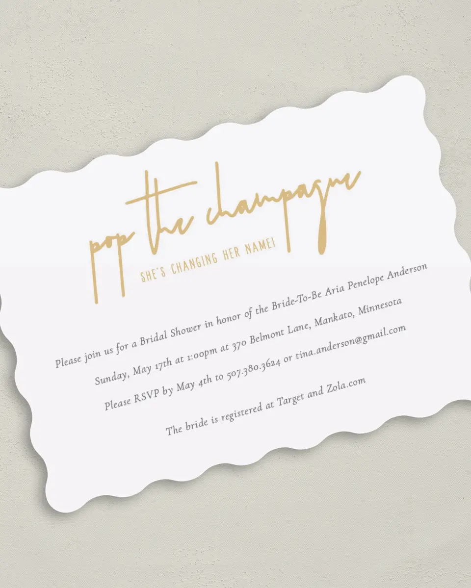This is a 5" x 7" Bridal Shower Invitation called Champagne Bubbles printed in full color on Premium Smooth paper