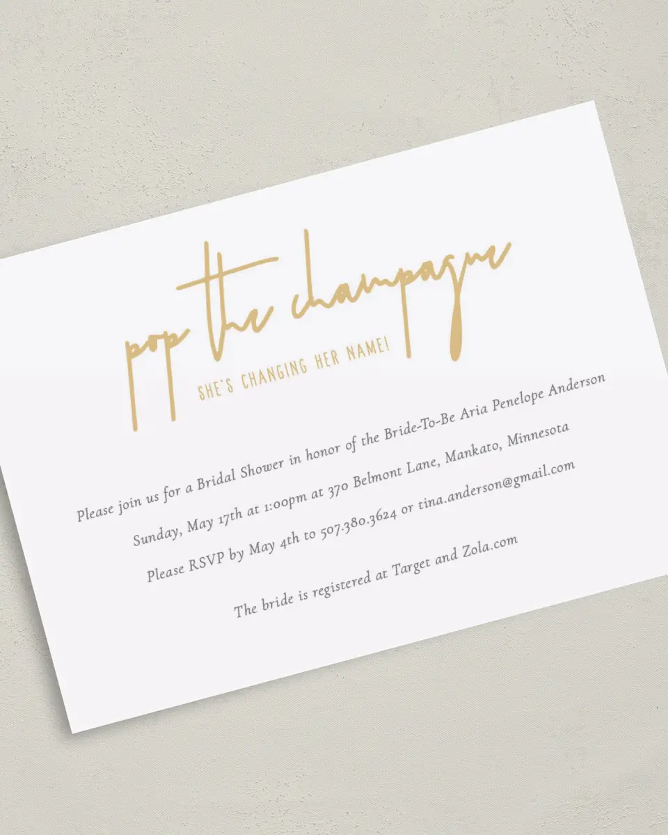 This is a 5" x 7" Bridal Shower Invitation called Champagne Bubbles printed in full color with Rose Gold foil on Luxe Satin (coated) paper