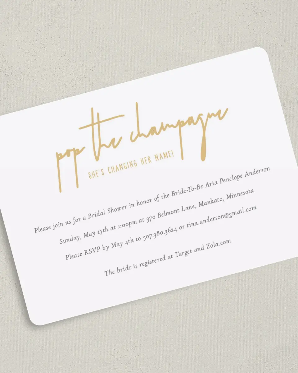 This is a 5" x 7" Bridal Shower Invitation called Champagne Bubbles printed in full color with Silver foil on Luxe Satin (coated) paper