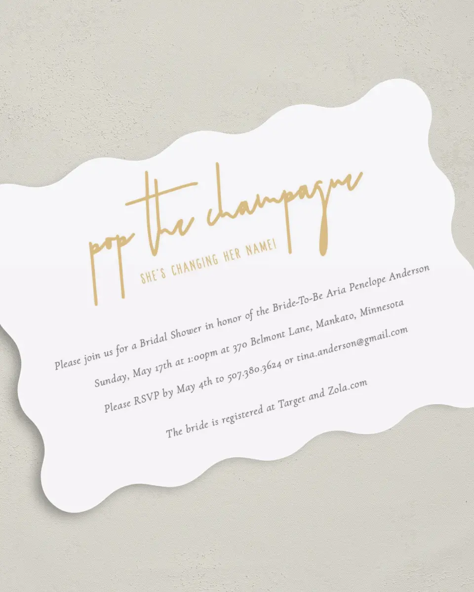 This is a 5" x 7" Bridal Shower Invitation called Champagne Bubbles printed in full color on Premium Smooth paper