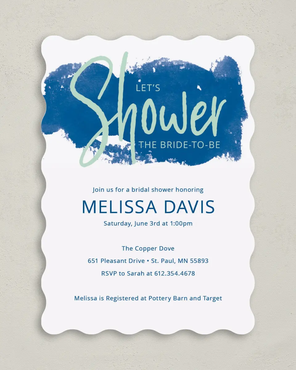 This is a 5" x 7" Bridal Shower Invitation called Shower Splash printed in full color on Premium Smooth paper