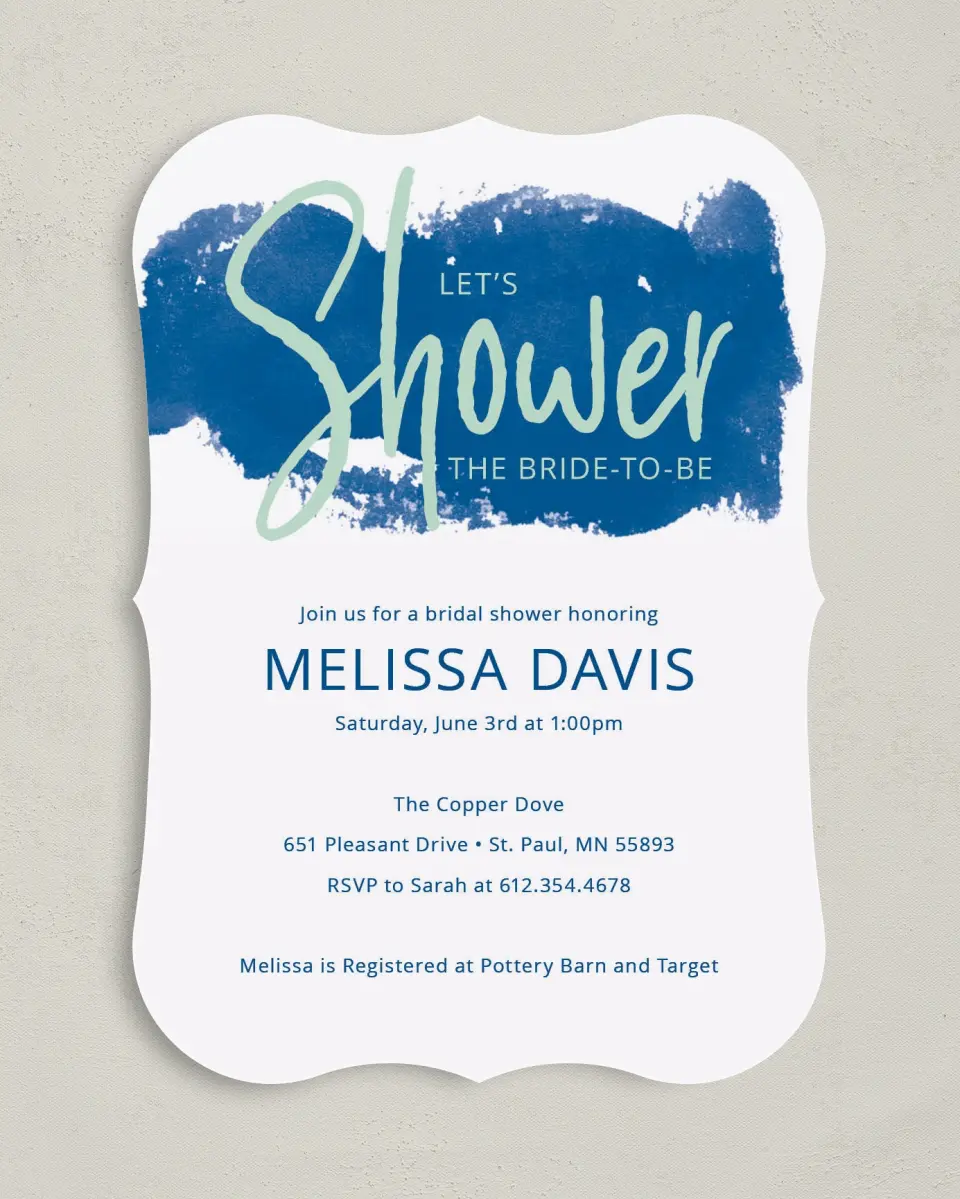 This is a 5" x 7" Bridal Shower Invitation called Shower Splash printed in full color with Gold foil on Luxe Satin (coated) paper