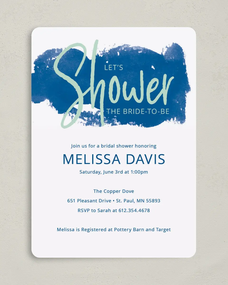 This is a 5" x 7" Bridal Shower Invitation called Shower Splash printed in full color with Rose Gold foil on Luxe Satin (coated) paper