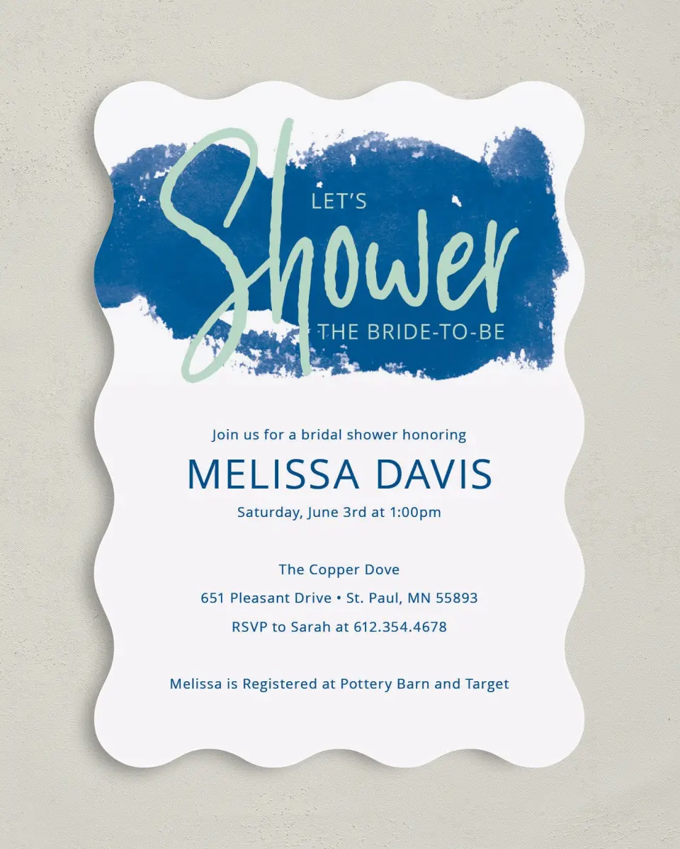 This is a 5" x 7" Bridal Shower Invitation called Shower Splash printed in full color on Premium Smooth paper