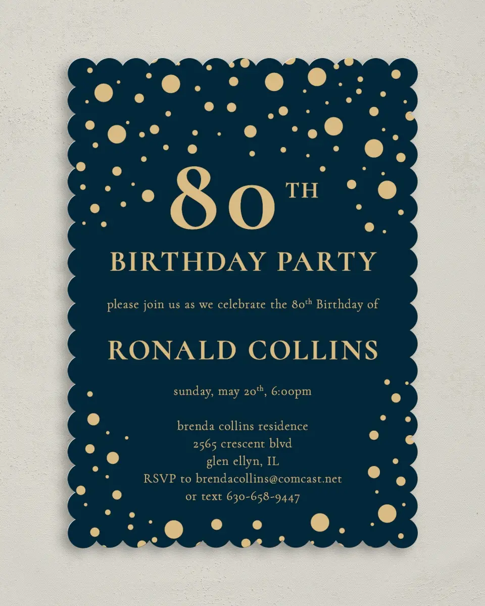This is a 5" x 7" Birthday Party Invitation called Golden Confetti printed in full color on Premium Smooth paper
