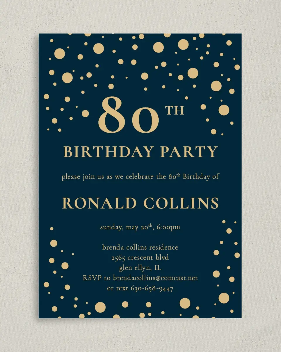 This is a 5" x 7" Birthday Party Invitation called Golden Confetti printed in full color on Premium Smooth paper