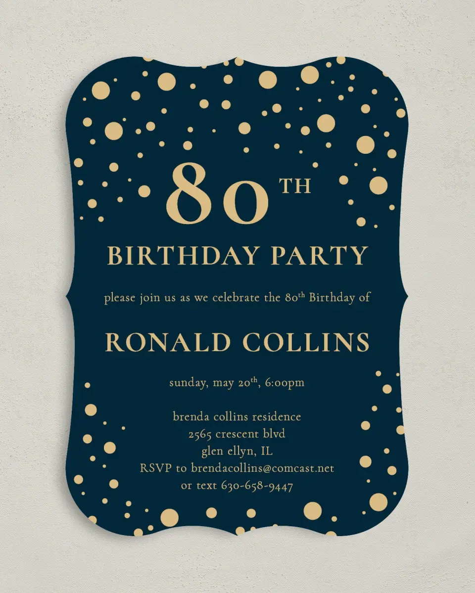 This is a 5" x 7" Birthday Party Invitation called Golden Confetti printed in full color on Premium Smooth paper