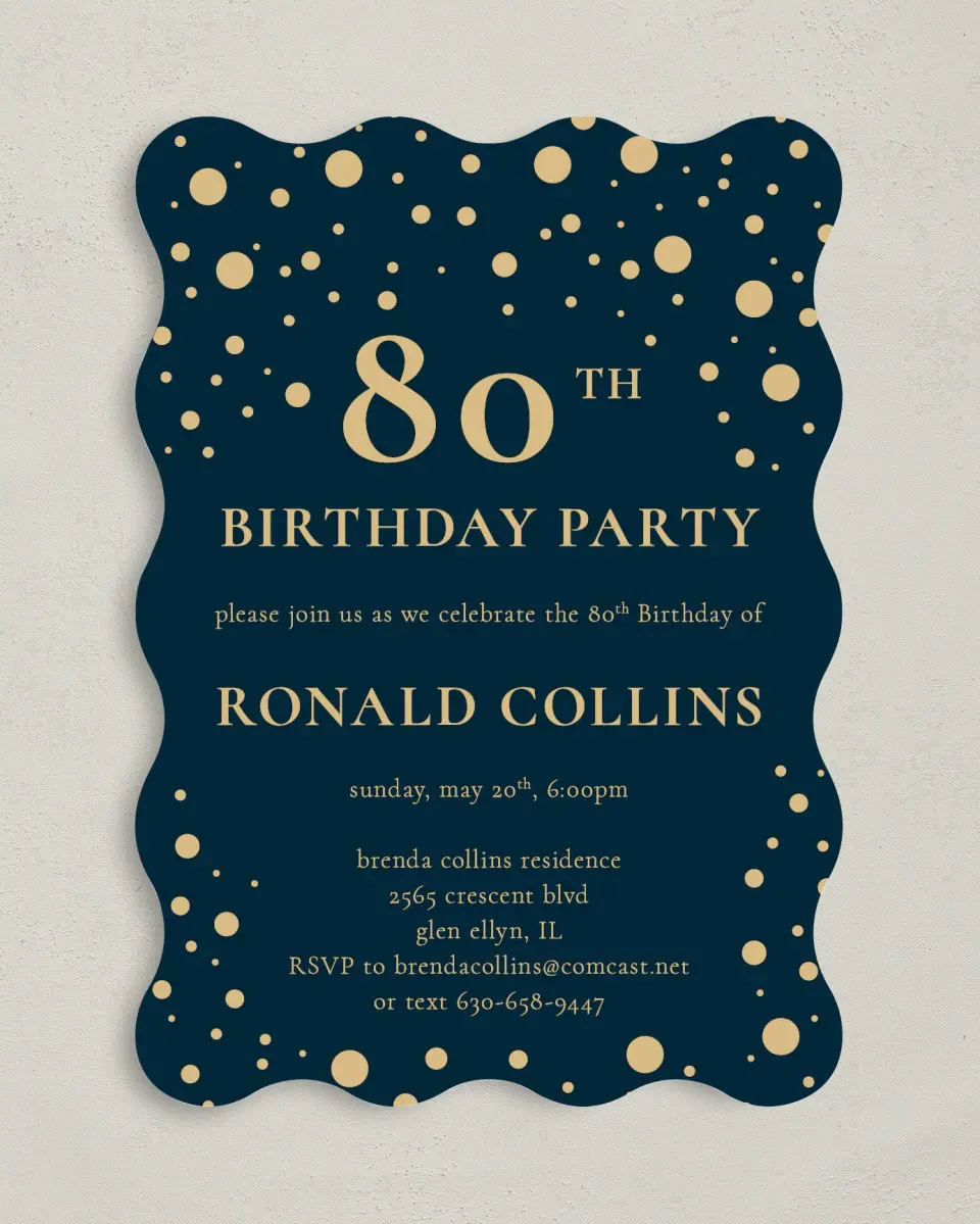 This is a 5" x 7" Birthday Party Invitation called Golden Confetti printed in full color on Premium Smooth paper