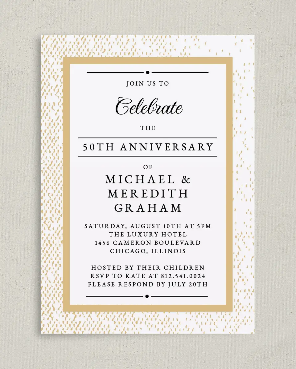 This is a 5" x 7" Anniversary Invitation called Stately Celebration printed in full color with Silver foil on Luxe Satin (coated) paper