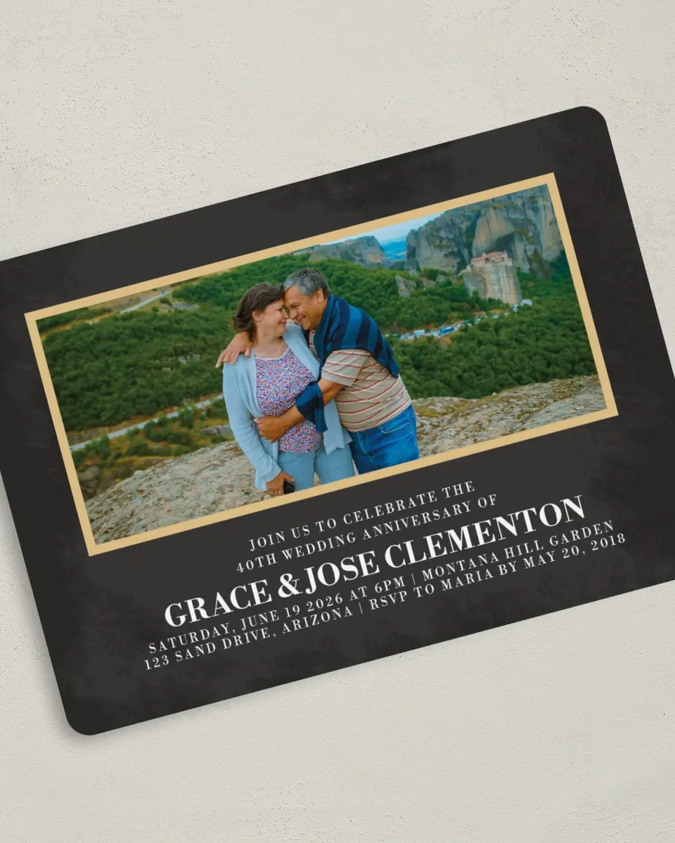 This is a 5" x 7" Anniversary Invitation called Love Perfected printed in full color with Silver foil on Luxe Satin (coated) paper