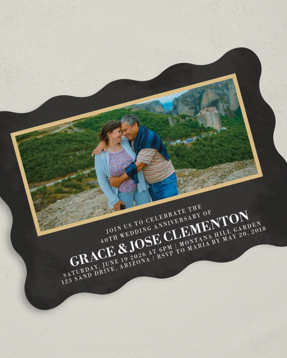 This is a 5" x 7" Anniversary Invitation called Love Perfected printed in full color with Silver foil on Luxe Satin (coated) paper