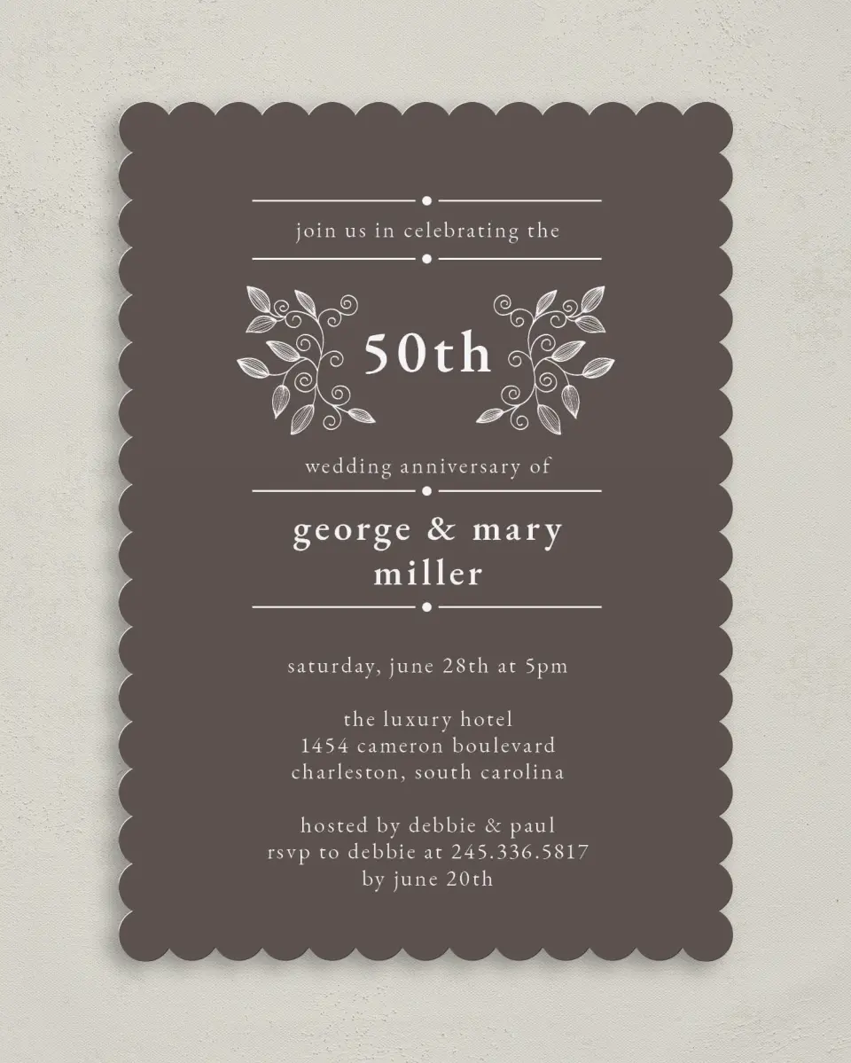 This is a 5" x 7" Anniversary Invitation called Vines of Love printed in full color on Premium Smooth paper