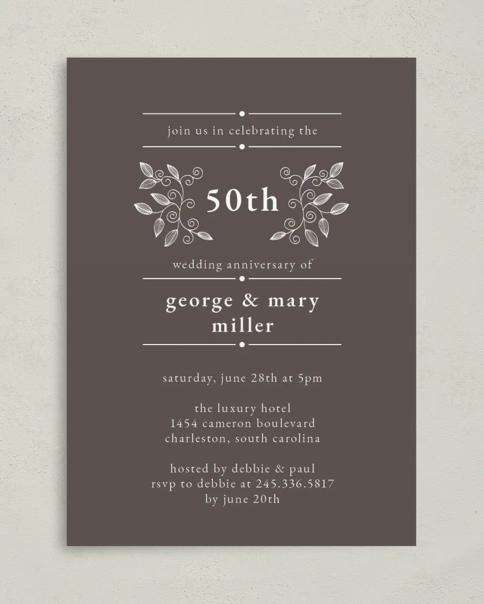 This is a 5" x 7" Anniversary Invitation called Vines of Love printed in full color on Premium Smooth paper