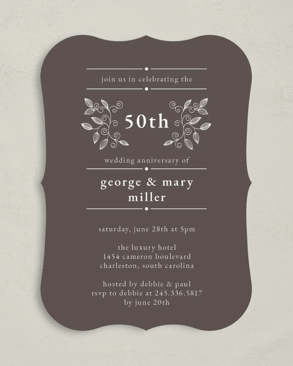 This is a 5" x 7" Anniversary Invitation called Vines of Love printed in full color on Premium Smooth paper