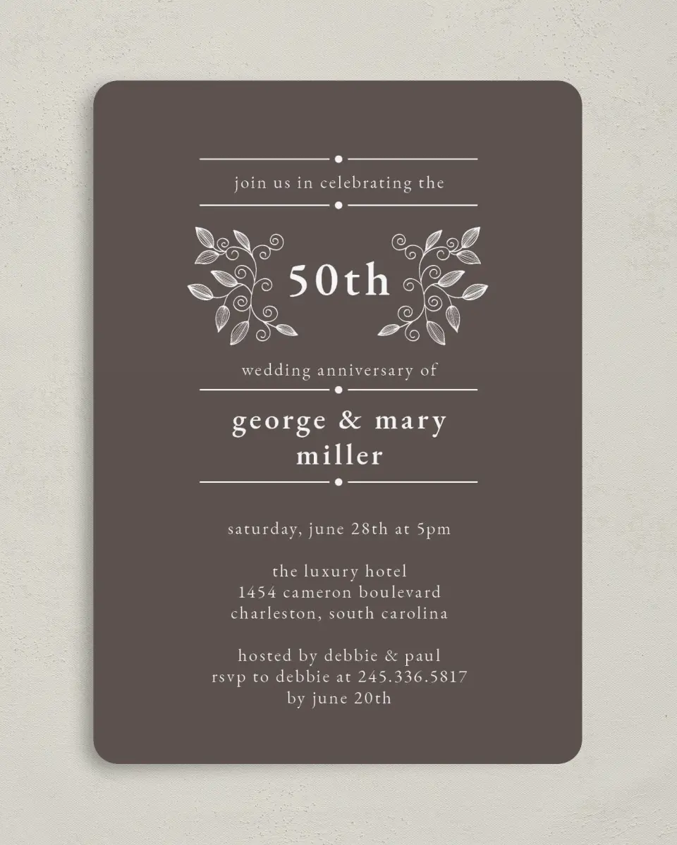 This is a 5" x 7" Anniversary Invitation called Vines of Love printed in full color on Premium Smooth paper