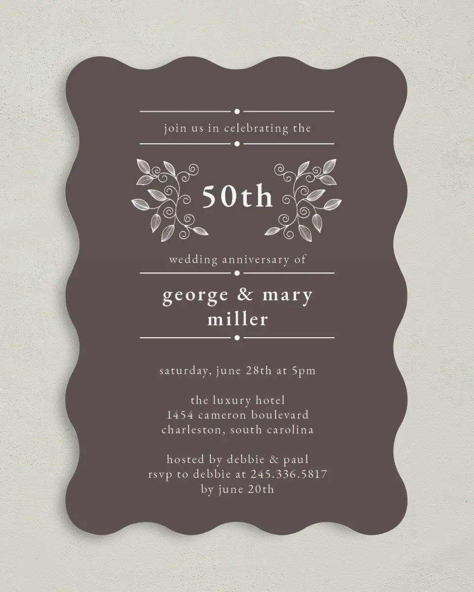 This is a 5" x 7" Anniversary Invitation called Vines of Love printed in full color on Premium Smooth paper
