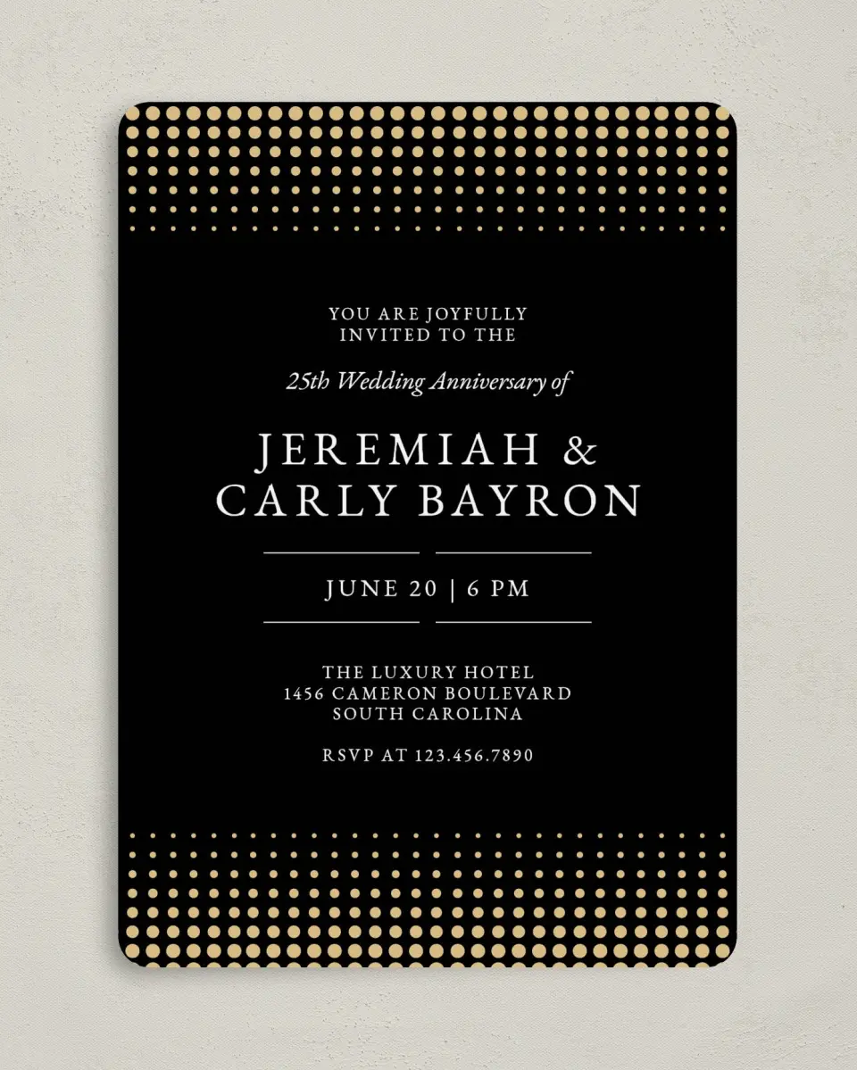 This is a 5" x 7" Anniversary Invitation called Anniversary Pearls printed in full color with Silver foil on Luxe Satin (coated) paper