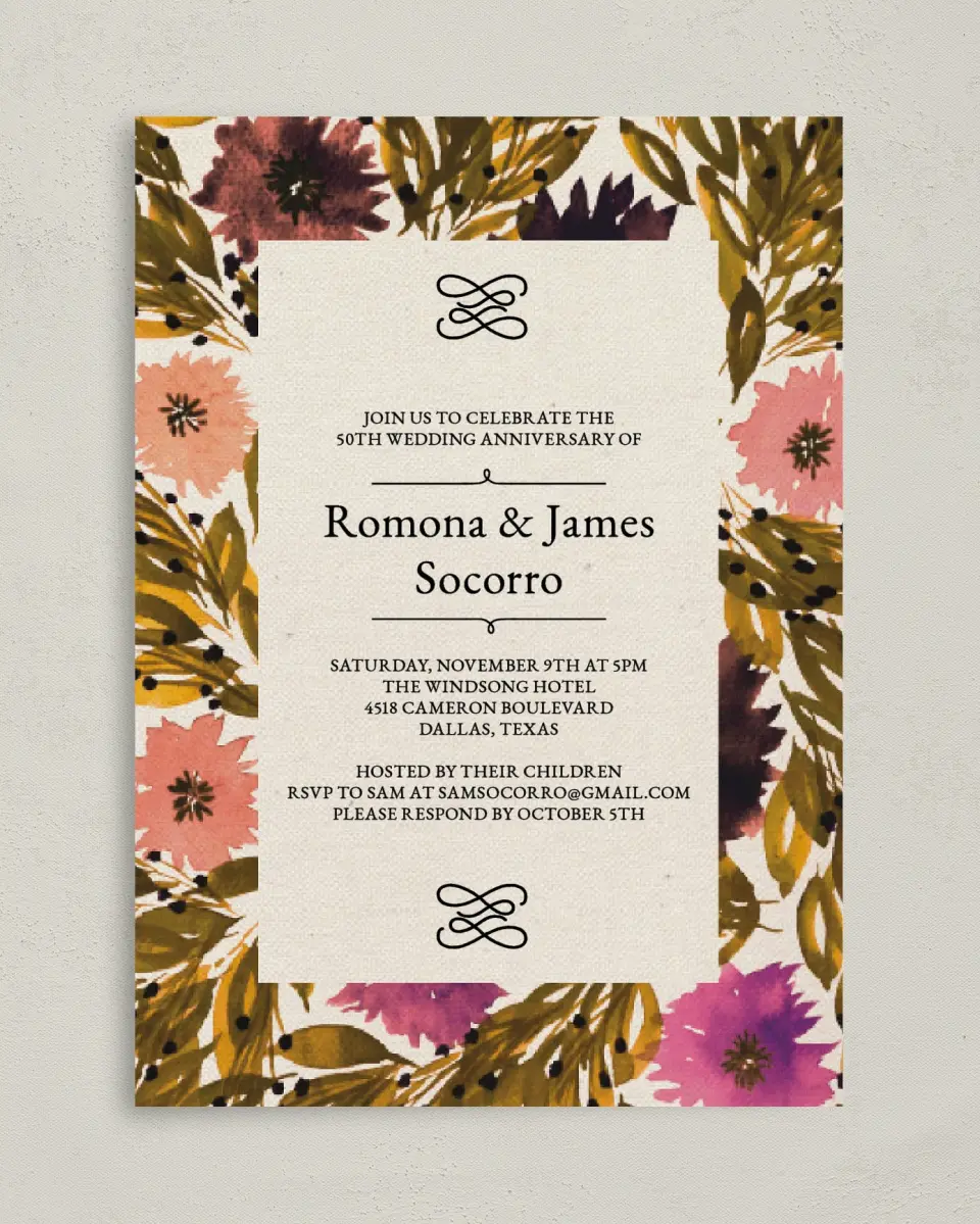 This is a 5" x 7" Anniversary Invitation called Sweet Blossoms printed in full color on Premium Smooth paper