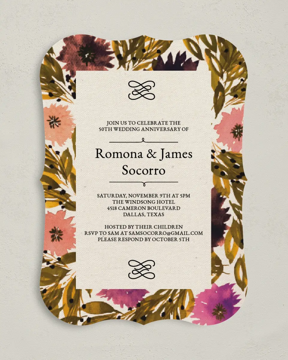 This is a 5" x 7" Anniversary Invitation called Sweet Blossoms printed in full color on Premium Smooth paper