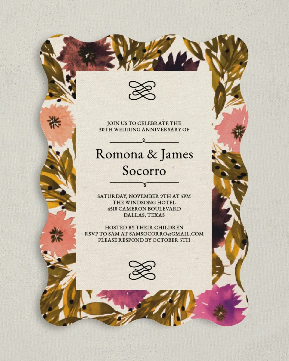 This is a 5" x 7" Anniversary Invitation called Sweet Blossoms printed in full color on Premium Smooth paper