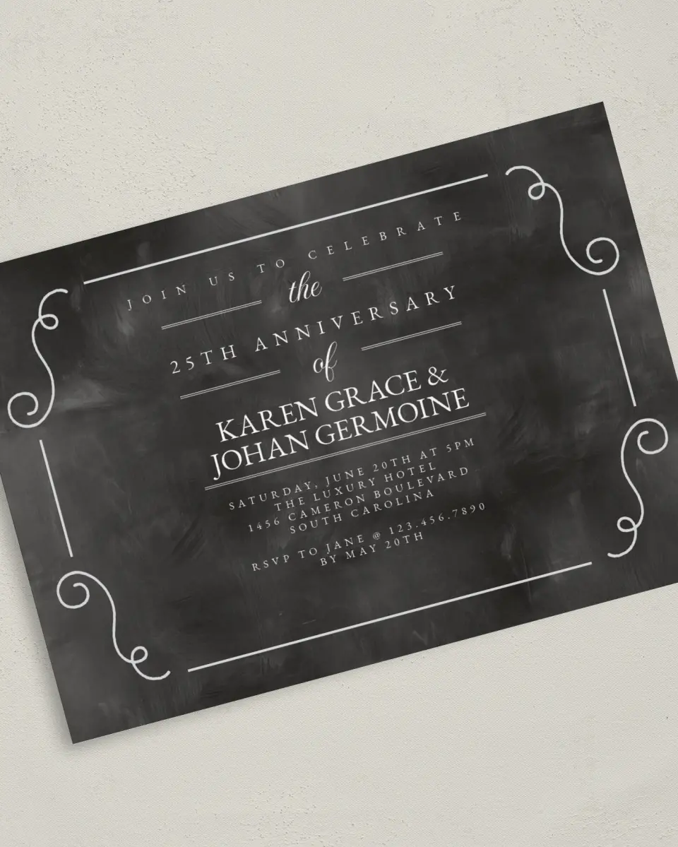 This is a 5" x 7" Anniversary Invitation called Precious Silver printed in full color with Silver foil on Luxe Satin (coated) paper