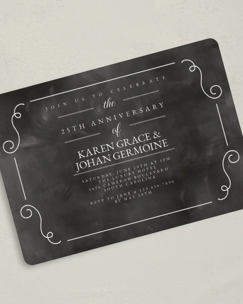 This is a 5" x 7" Anniversary Invitation called Precious Silver printed in full color with Silver foil on Luxe Satin (coated) paper