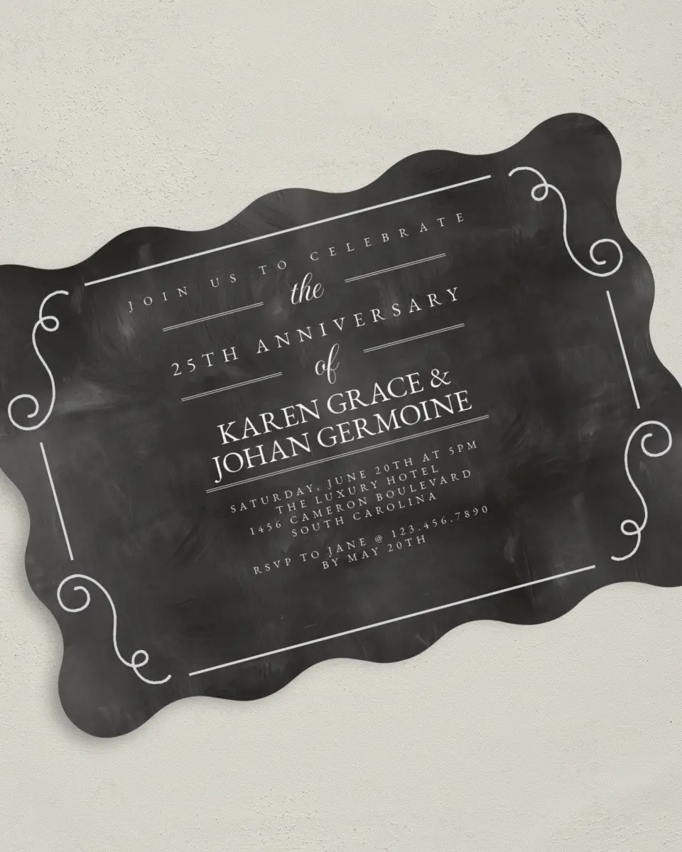 This is a 5" x 7" Anniversary Invitation called Precious Silver printed in full color with Silver foil on Luxe Satin (coated) paper