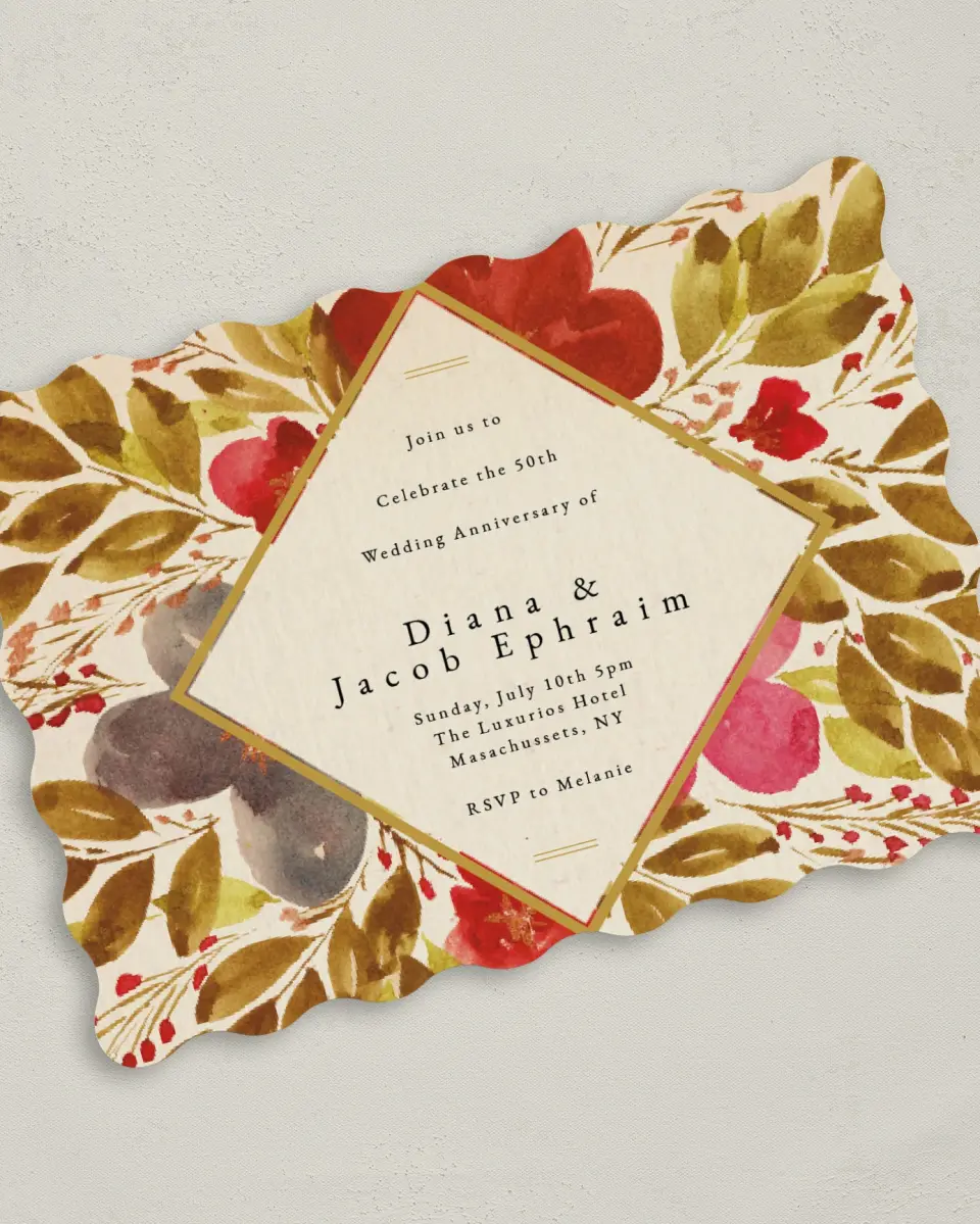 This is a 5" x 7" Anniversary Invitation called Golden Anniversary printed in full color on Premium Smooth paper