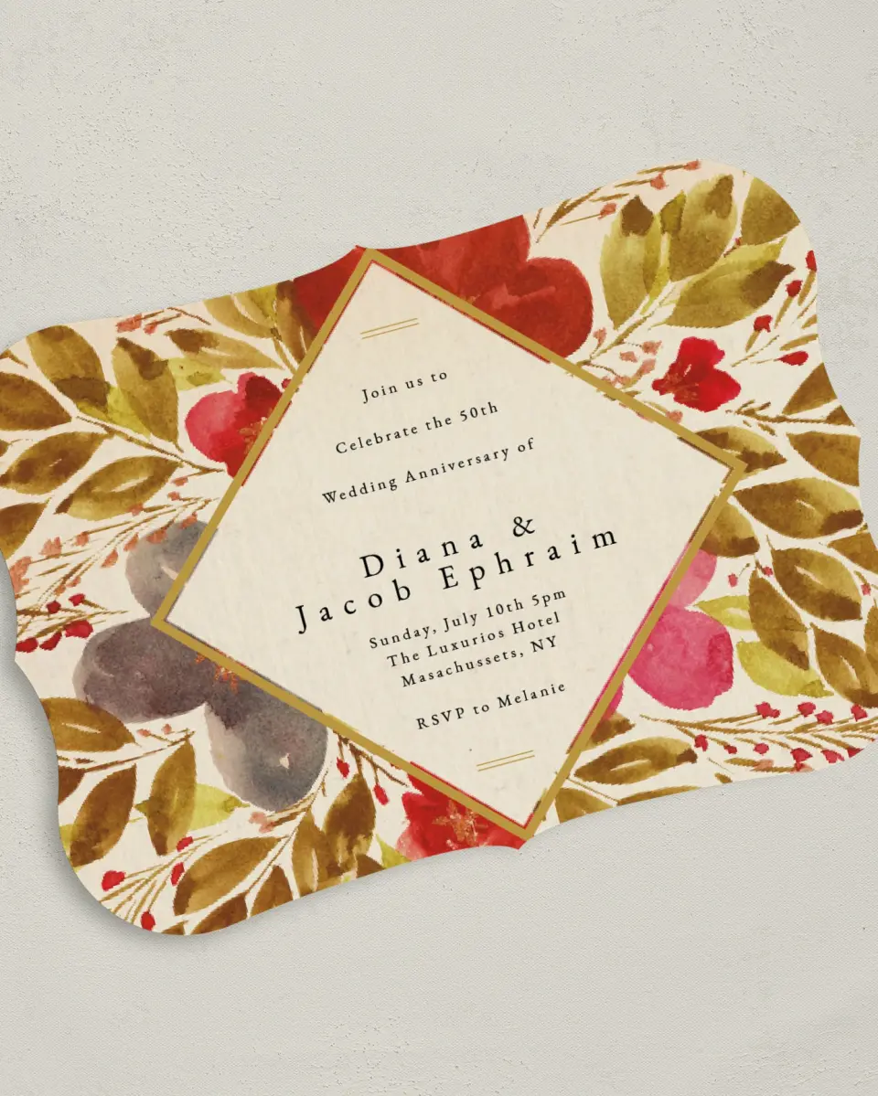 This is a 5" x 7" Anniversary Invitation called Golden Anniversary printed in full color on Premium Smooth paper