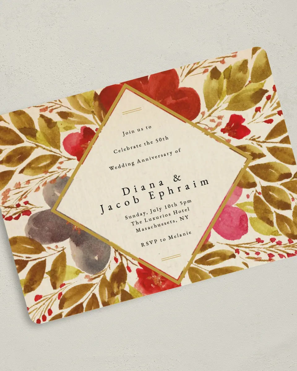 This is a 5" x 7" Anniversary Invitation called Golden Anniversary printed in full color with Silver foil on Luxe Satin (coated) paper