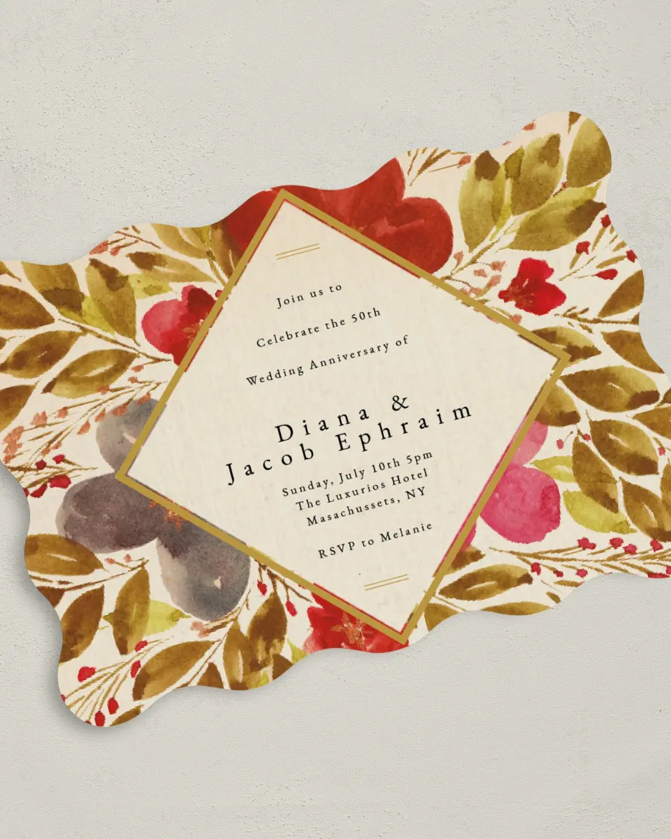 This is a 5" x 7" Anniversary Invitation called Golden Anniversary printed in full color with Silver foil on Luxe Satin (coated) paper