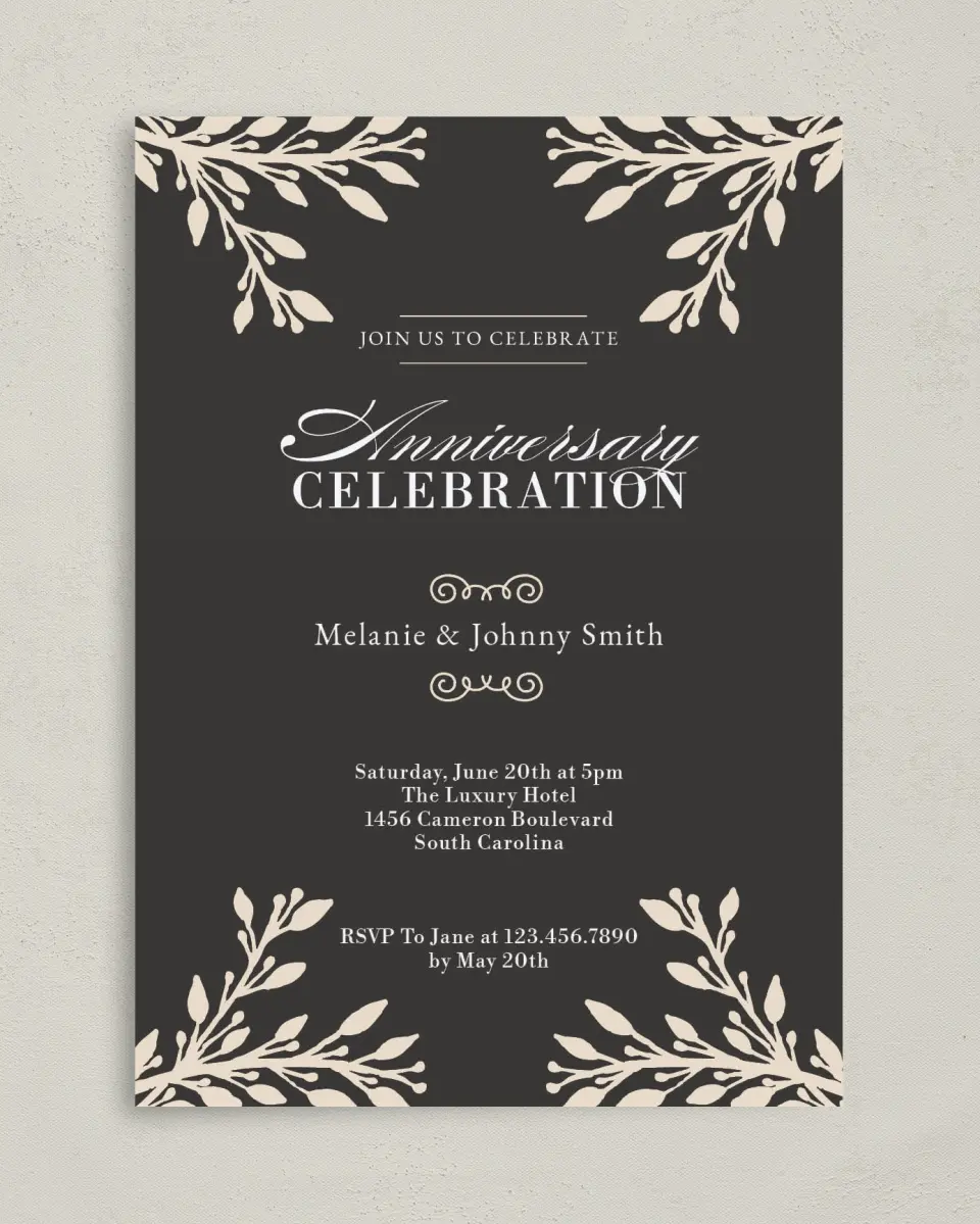 This is a 5" x 7" Anniversary Invitation called Prized Celebration printed in full color with Silver foil on Luxe Satin (coated) paper
