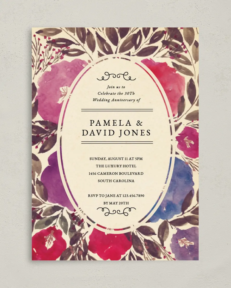 This is a 5" x 7" Anniversary Invitation called Anniversary Flowers printed in full color on Premium Smooth paper