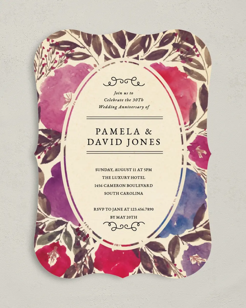 This is a 5" x 7" Anniversary Invitation called Anniversary Flowers printed in full color on Premium Smooth paper